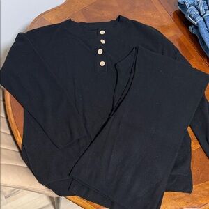 Black Henley Long Sleeve Top and Pants Set